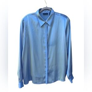 Karen Scott Satin Blue Button Up Shirt Blouse Long Sleeve Women Size XL